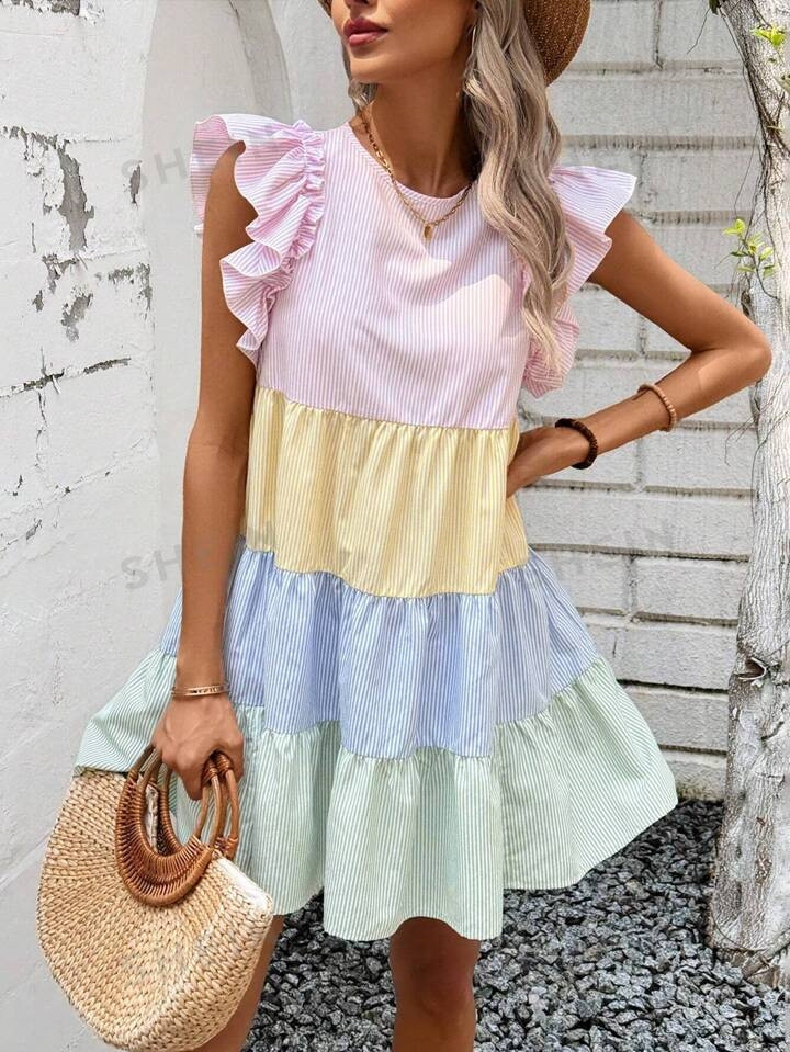 SHEIN LUNE Women Loose Casual Round Neck Color Block Striped Cap Sleeve Dress | SHEIN