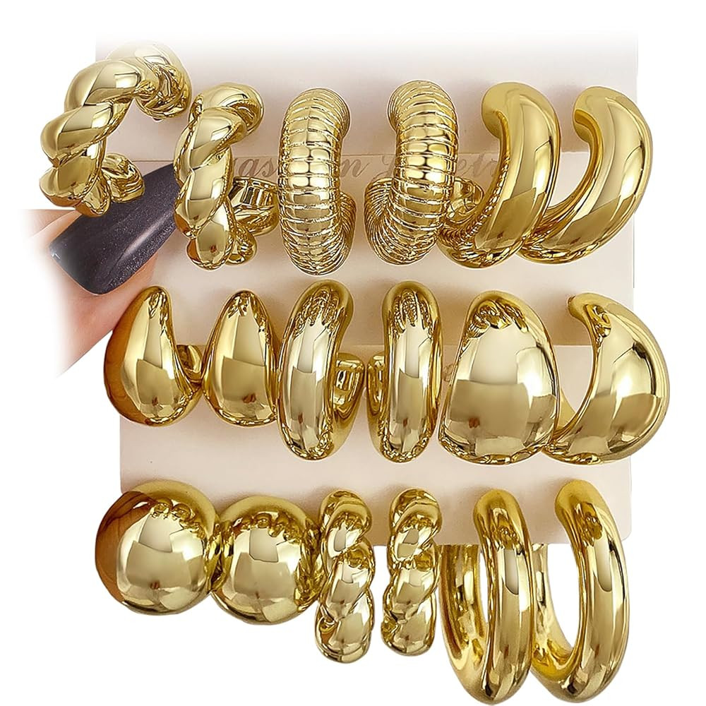 24 Pairs Gold Hoop Earrings Set for Women Hypoallergenic Chunky Chain Twisted Open Hoops Dangle E... | Amazon (US)