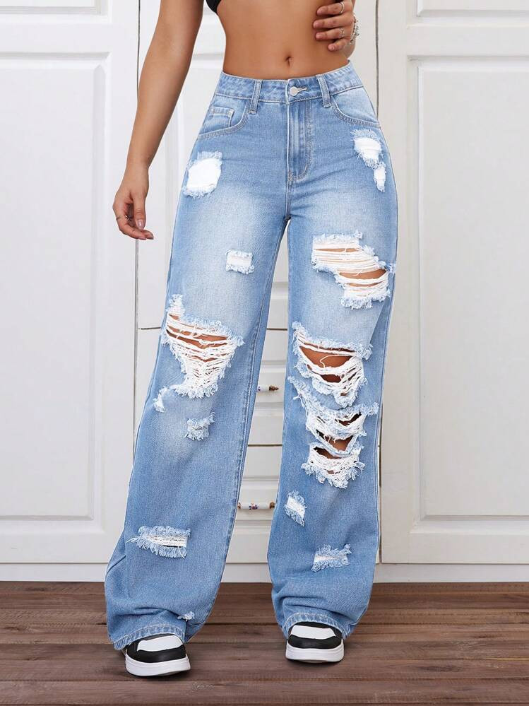 SHEIN ICON Fashionable Wide Leg Distressed Washed Jeans | SHEIN