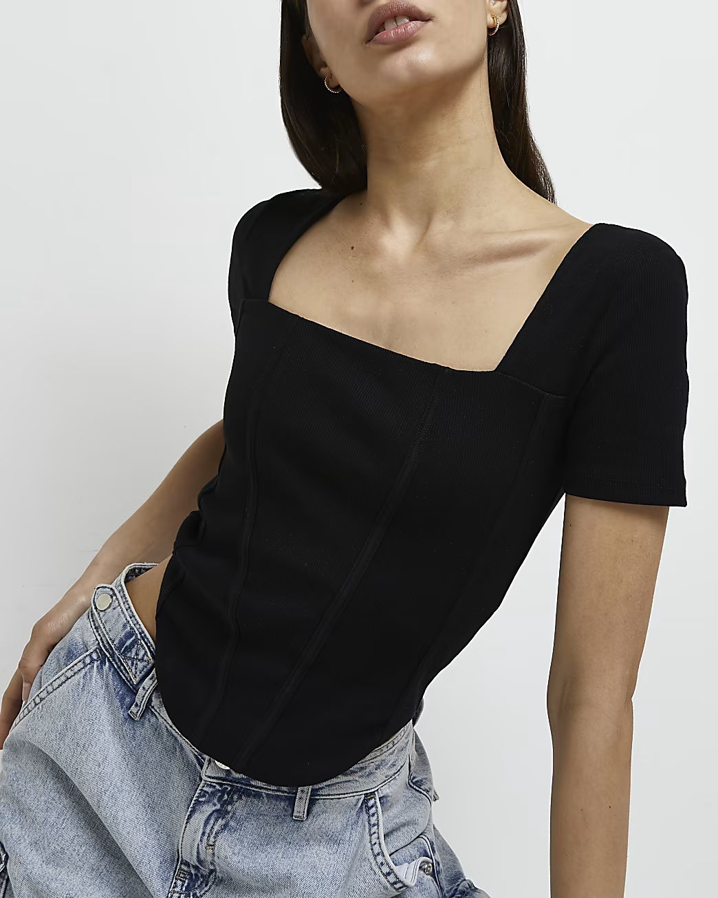 Black corset cropped top | River Island (UK & IE)