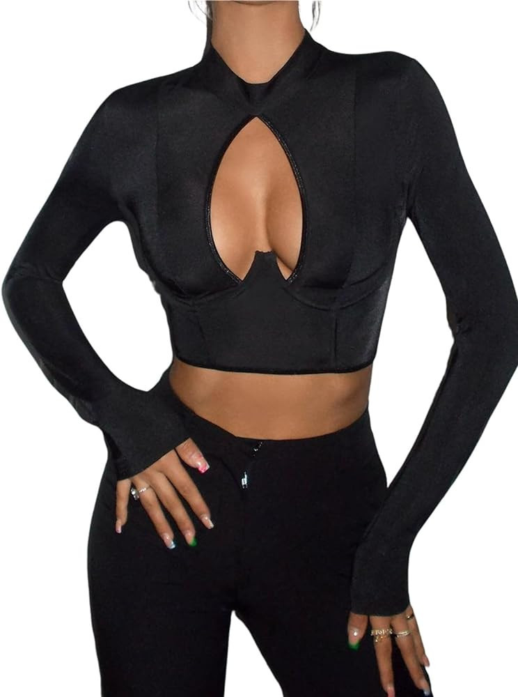 Verdusa Women's Cut Out Front Stand Collar Long Sleeve Slim Fit Crop Top Tee | Amazon (US)