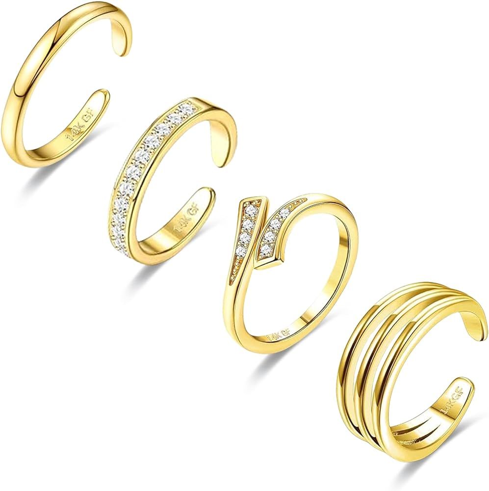 4PCS Toe Rings for Women Gold Adjustable 14K Gold Filled Toe Ring Set Simple Cute Thin Band Hawai... | Amazon (US)