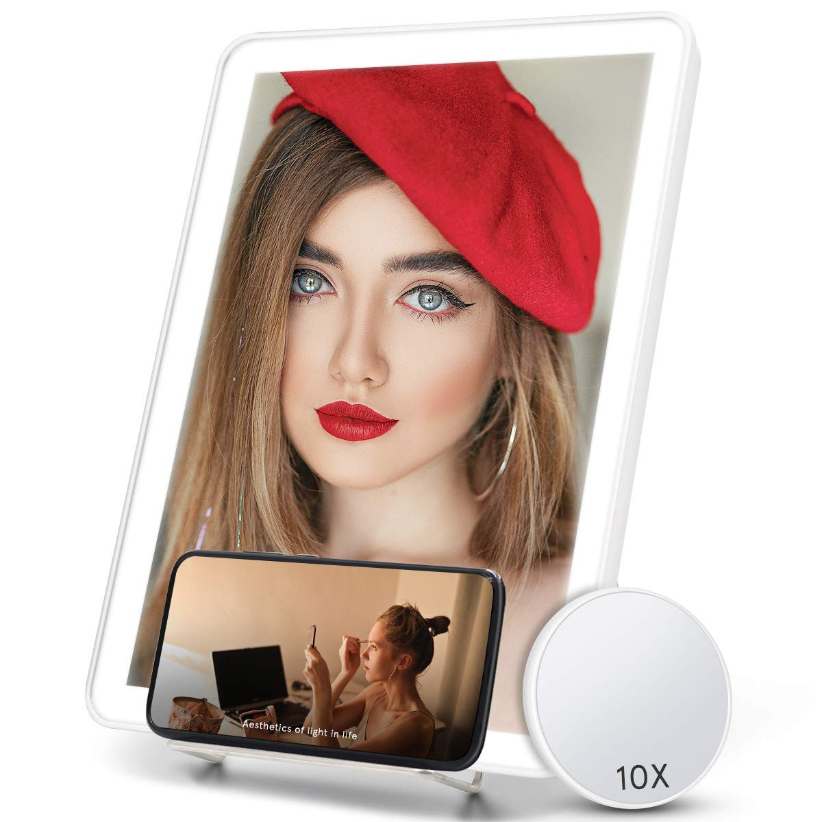 Makeup Vanity Mirror with Light and Phone Holder, Lighted Makeup Mirror with 20 LED Light and 10X... | Amazon (US)