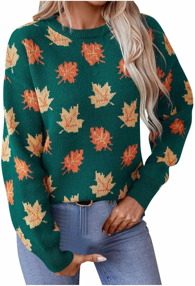 Women's Casual Maple Leaf Print Crewneck Knit Sweater 2024 Fall Winter Fashion Long Sleeve Graphi... | Amazon (US)