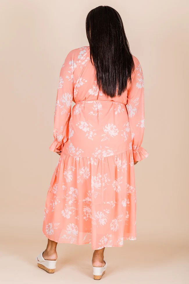 In The Sunshine Coral Floral Notched Neck Midi Dress - Natalie Kennedy X Pink Lily | Pink Lily