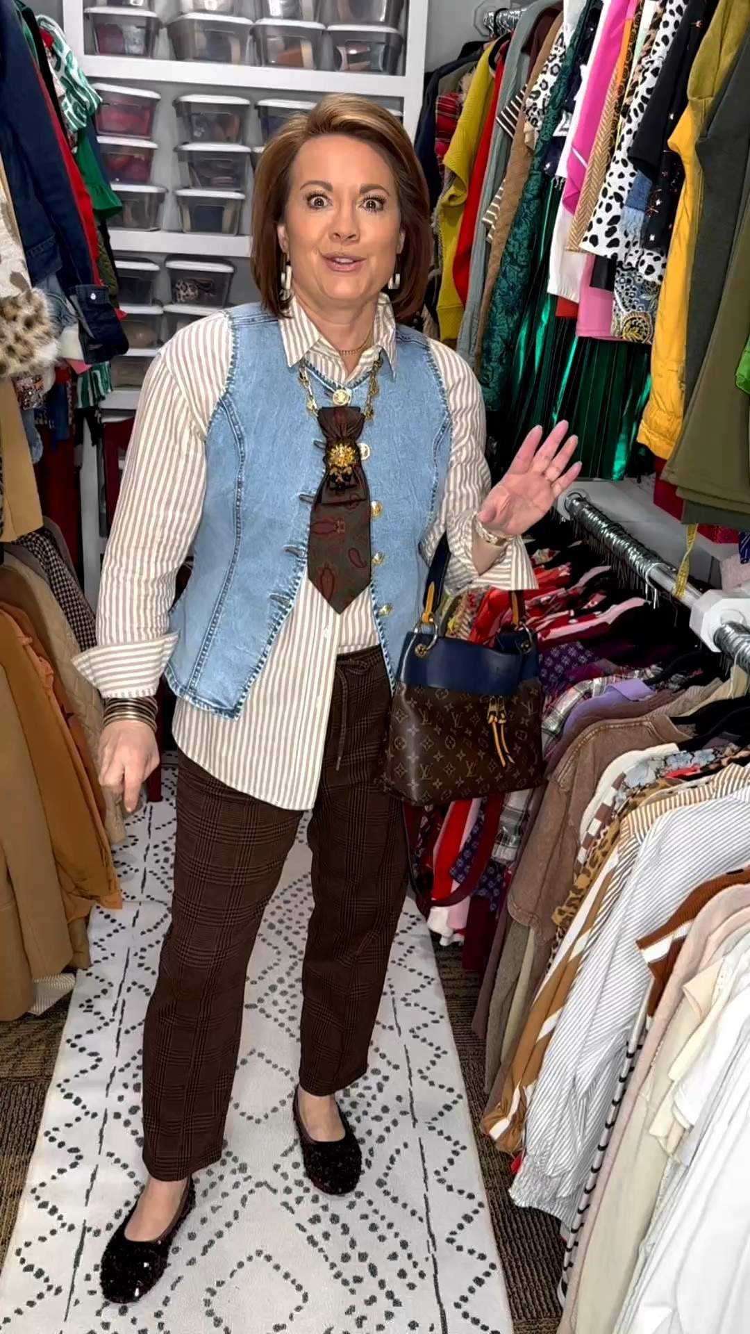 A little pattern mixing makes an outfit feel instantly more interesting. 🤎

Today I paired a classic striped button-down with brown plaid trousers, and the key to making the mix feel effortless is keeping the tones in the same family. When the colors coordinate, the patterns complement each other instead of competing.

I added a denim vest as a third piece to create structure and bring in another texture. It’s such an easy layering trick that instantly elevates a simple outfit.

The tie detail adds a fun vintage-inspired touch and pulls the whole look together. Pattern mixing doesn’t have to be bold or complicated—sometimes subtle combinations like stripes and plaid create the most polished outfits.

Everything is linked here if you’d like to recreate the look!

pattern mix outfit women, how to mix patterns clothing, stripes and plaid outfit idea, striped button down outfit women, brown plaid pants outfit, denim vest outfit women, women’s classic style outfit, elevated casual outfit women, effortless outfit formula women, work casual outfit inspiration, business casual outfit women, smart casual outfit women, fall outfit inspiration women, neutral outfit with patterns, plaid trousers outfit ideas, women over 40 fashion inspiration, women over 50 style inspiration, polished everyday outfit women, timeless outfit ideas women, layered outfit ideas women, denim vest layering outfit, third piece outfit formula, patterned outfit styling tips, chic everyday style women, modern classic fashion women, transitional season outfit ideas, sophisticated casual outfit women, comfortable polished outfit women, classic wardrobe outfit inspiration, stylish workwear women

#LTKootd #LTKOver40 #LTKgrwm