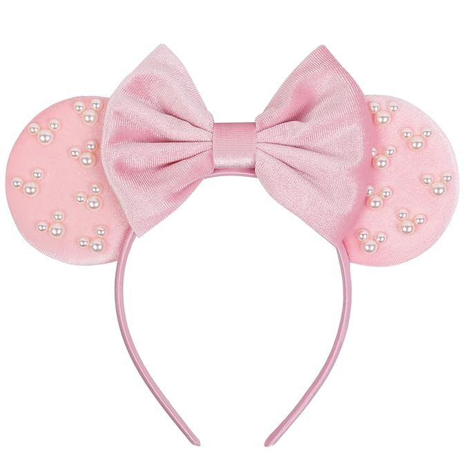 WOVOWOVO Mouse Ears Headbands for Women Girls Pink Bow Pearl Hairbands Velvet Headband Christmas ... | Amazon (US)