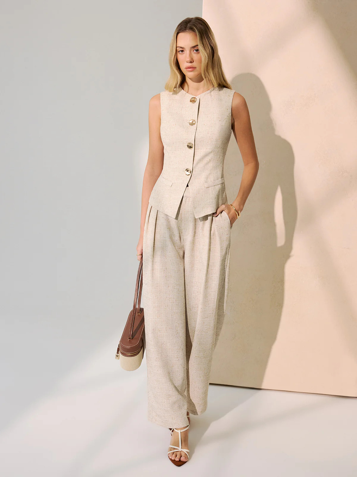 Metal Button Vest & Wide-Leg Pants Set | Commense