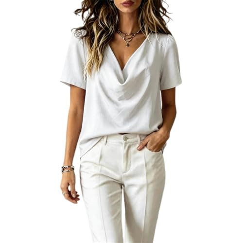 AYIYO Women's Cowl Neck Chiffon Blouse, Short Sleeve, Loose Fit, Solid Color, Sizes XS-XXL (US, Alpha, Large, Regular, Regular, White) | Amazon (US)