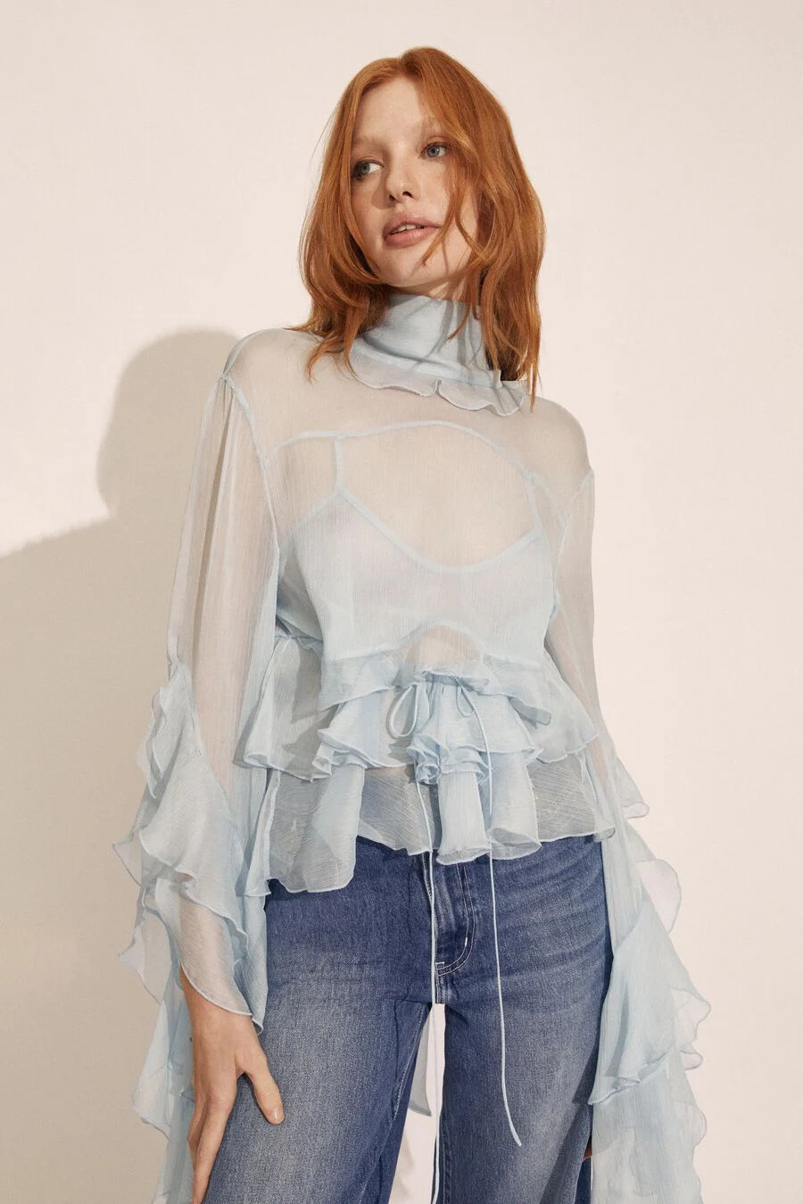 anyssa ruffle blouse in soft blue | Bardot (US)