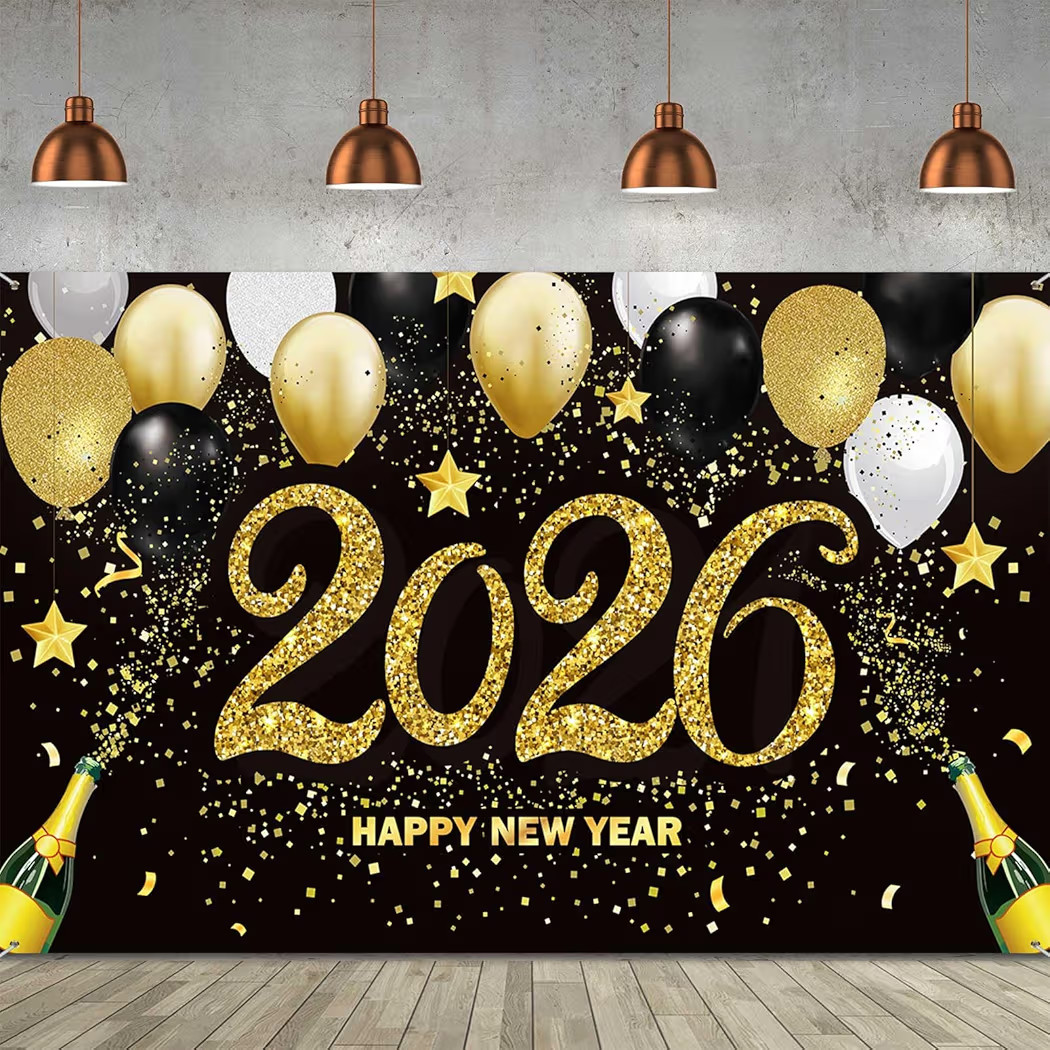 Sumind 2026 Happy New Year Photograph Backdrop Decoration Black and Gold Happy New Year's Eve Ban... | Amazon (US)