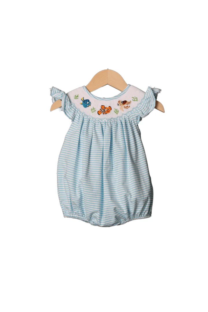 Smocked Sea and Friends Blue Stripe Bubble | The Smocked Flamingo