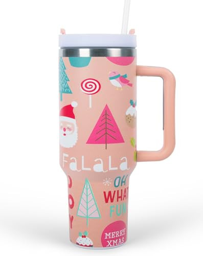 Christmas Gifts for Women, Christmas 40 oz Tumbler with lid, handle and Straw, Insulated Coffee mug Stainless Steel Water Bottle for Christmas(Pink Fa la la) | Amazon (US)