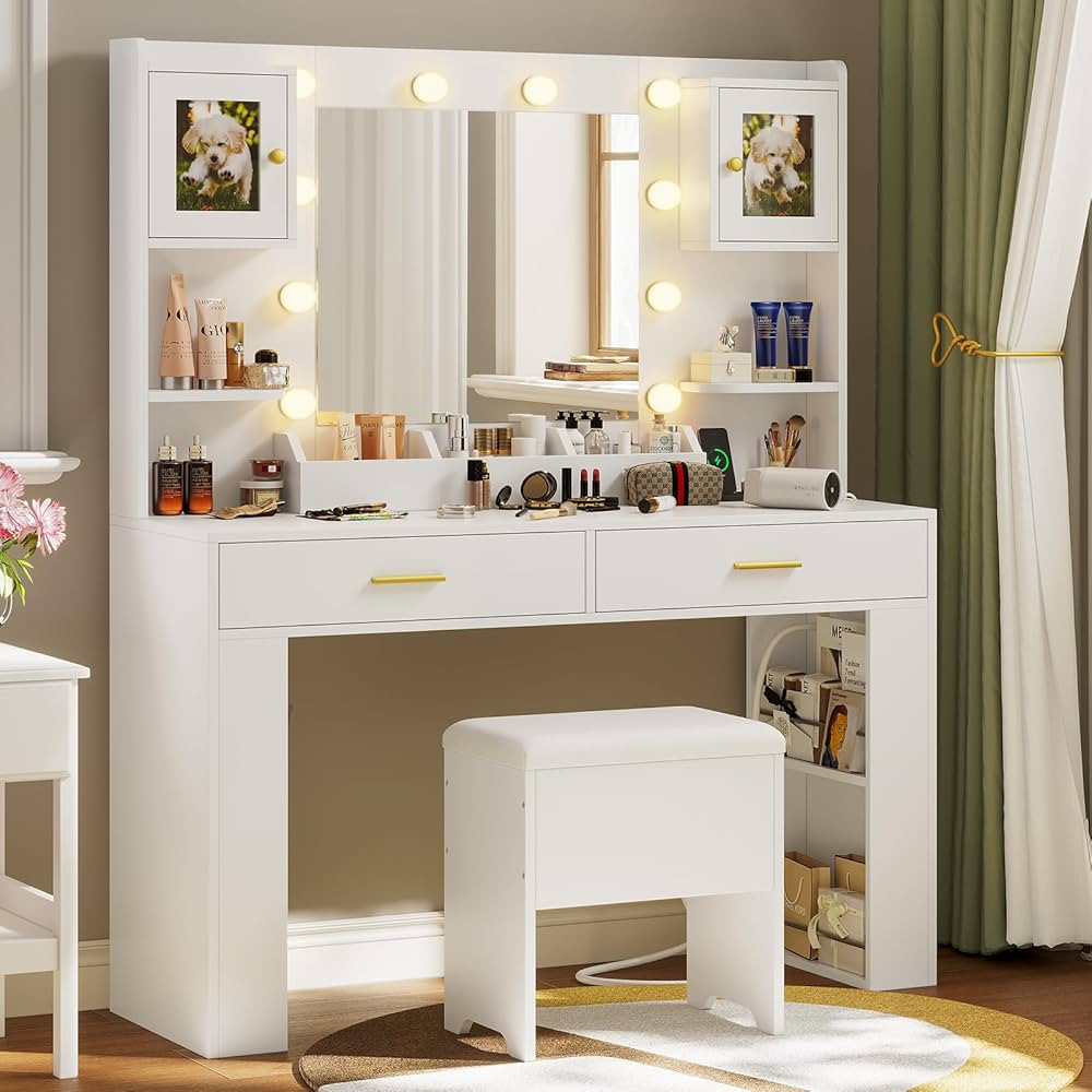 HAUOMS Vanity Desk with Storage Bench, Makeup Vanity Set with LED Lighted Mirror & Photo Frame Ca... | Amazon (US)