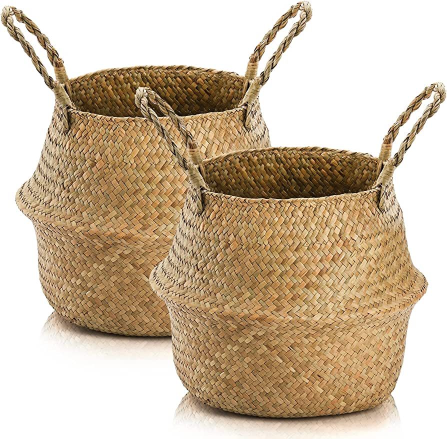 Yesland 2 Pack Woven Seagrass Plant Basket with Handles, Ideal Wicker Baskets Storage Plant Pot B... | Amazon (US)