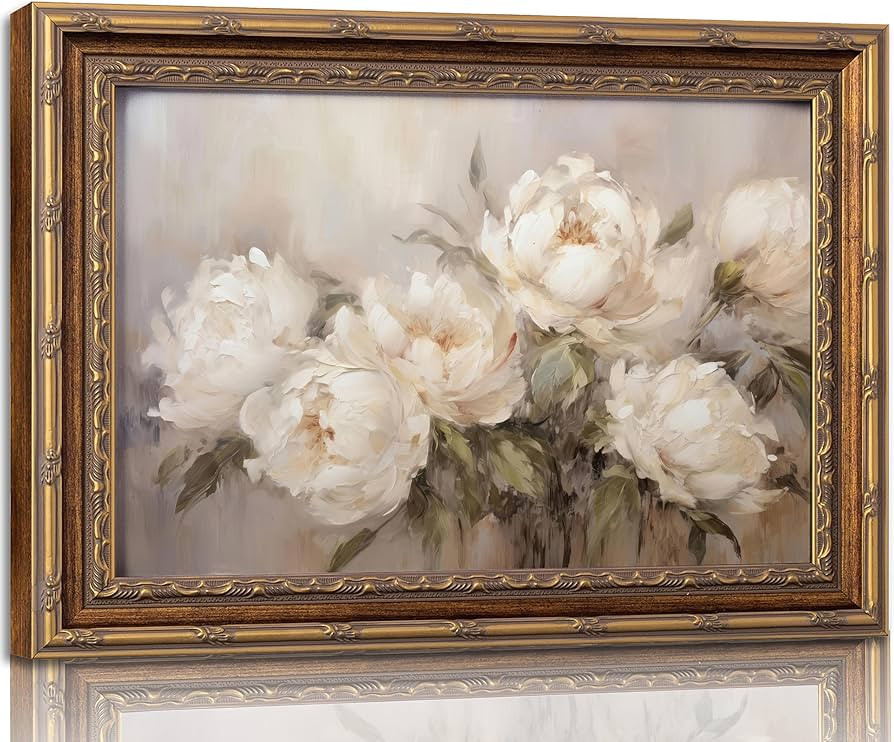 Vintage Gold Framed Vintage Flower Wall Art Retro White Floral Wall Decor Retro Peony Artwork Pic... | Amazon (US)