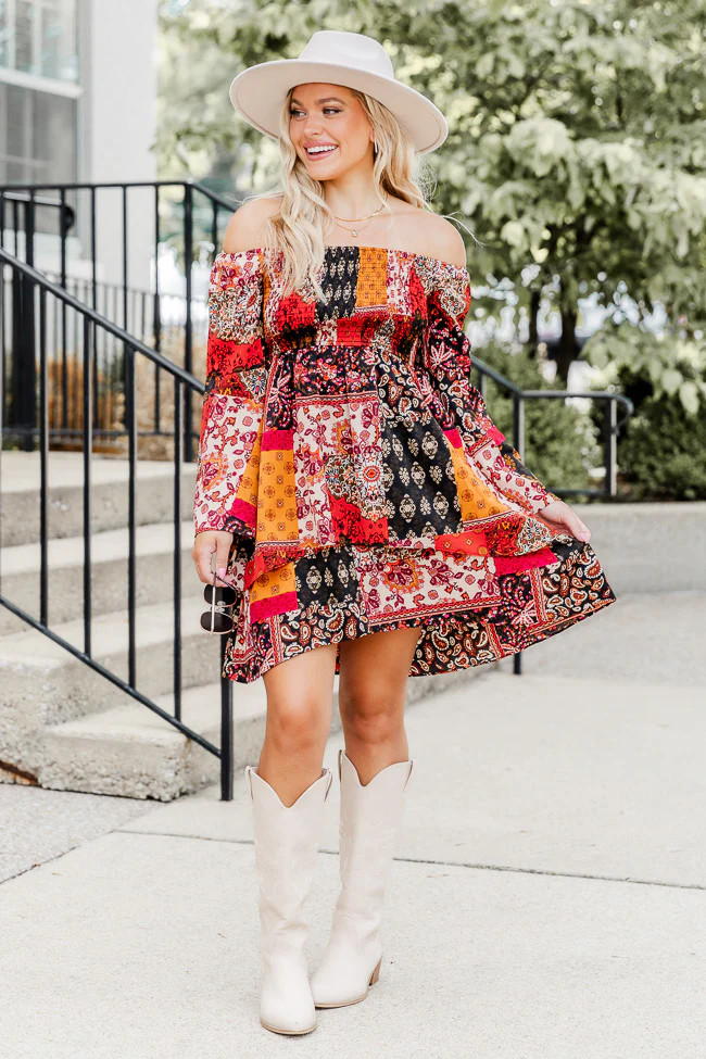 Found Love At Last Red Off The Shoulder Patchwork Print Mini Dress | Pink Lily