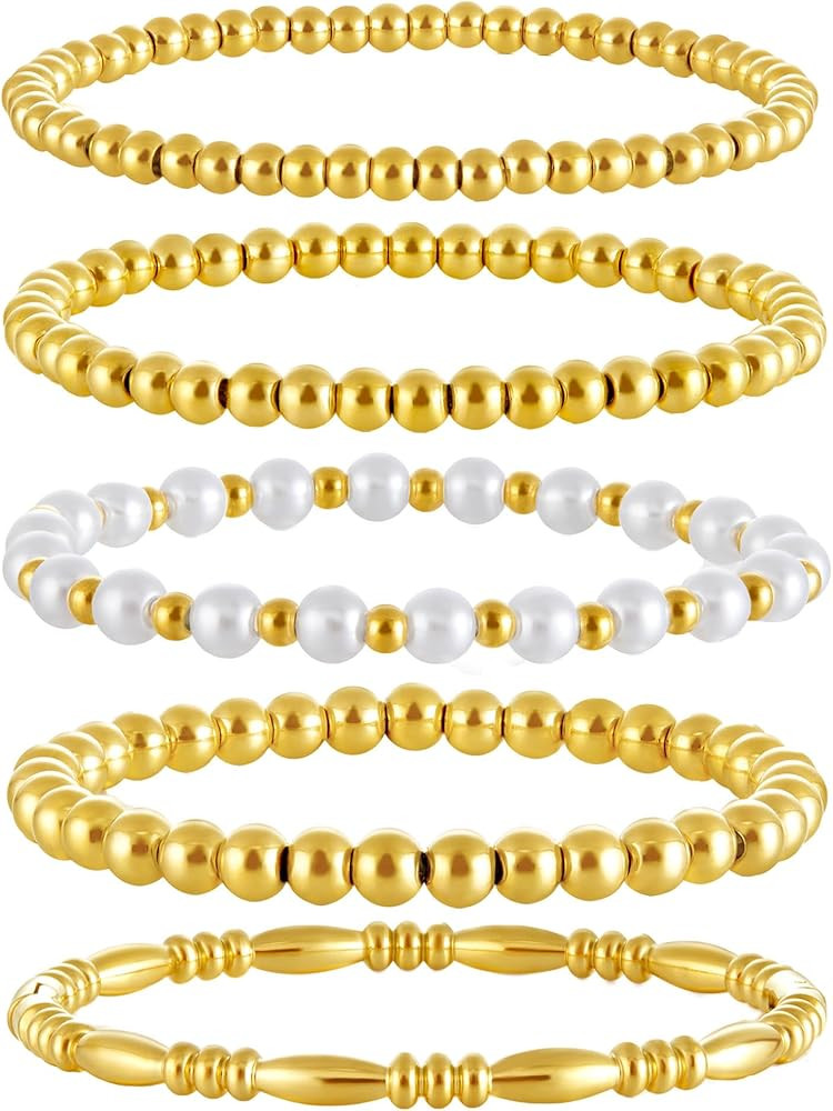 Gold Bangle Bracelets for Women, 14K/18K Gold Plated Beaded Bracelets Stretch Bead Ball Chain Lay... | Amazon (US)