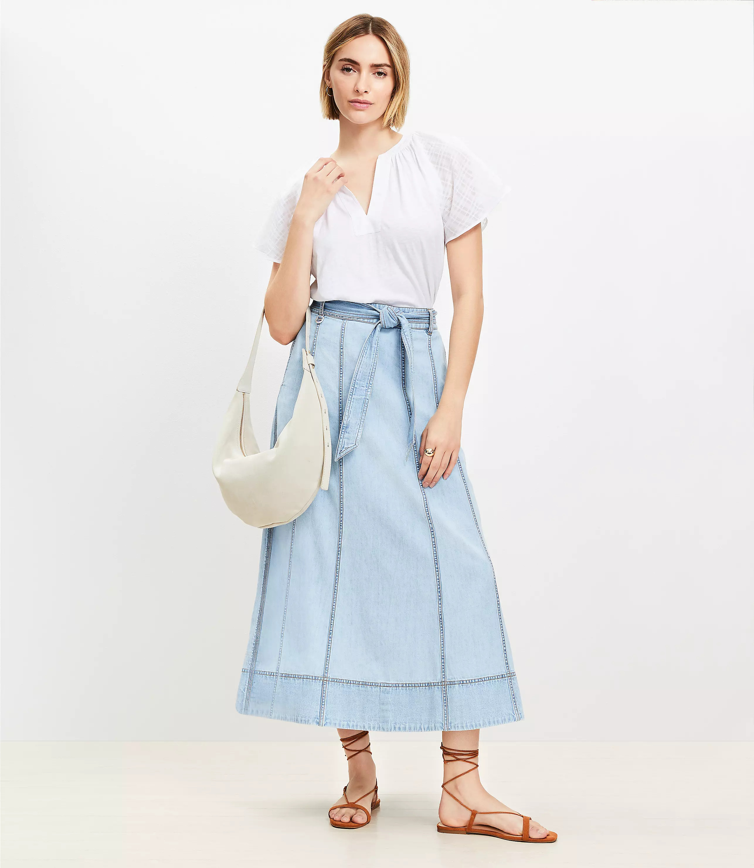 Chambray Belted Midi Pocket Skirt | LOFT