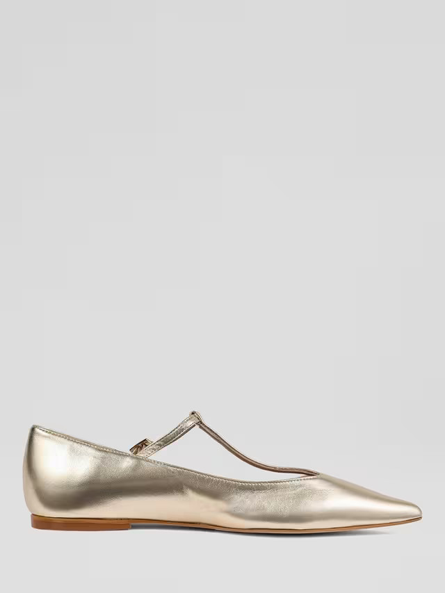 L.K.Bennett Drew Metallic Leather T-Bar Mary Jane Shoes, Gold | John Lewis (UK)