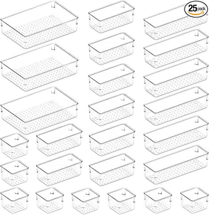 Lifewit 25 PCS Drawer Organizer Set Clear Plastic Desk Drawer Dividers Trays Dresser Storage Bins... | Amazon (US)