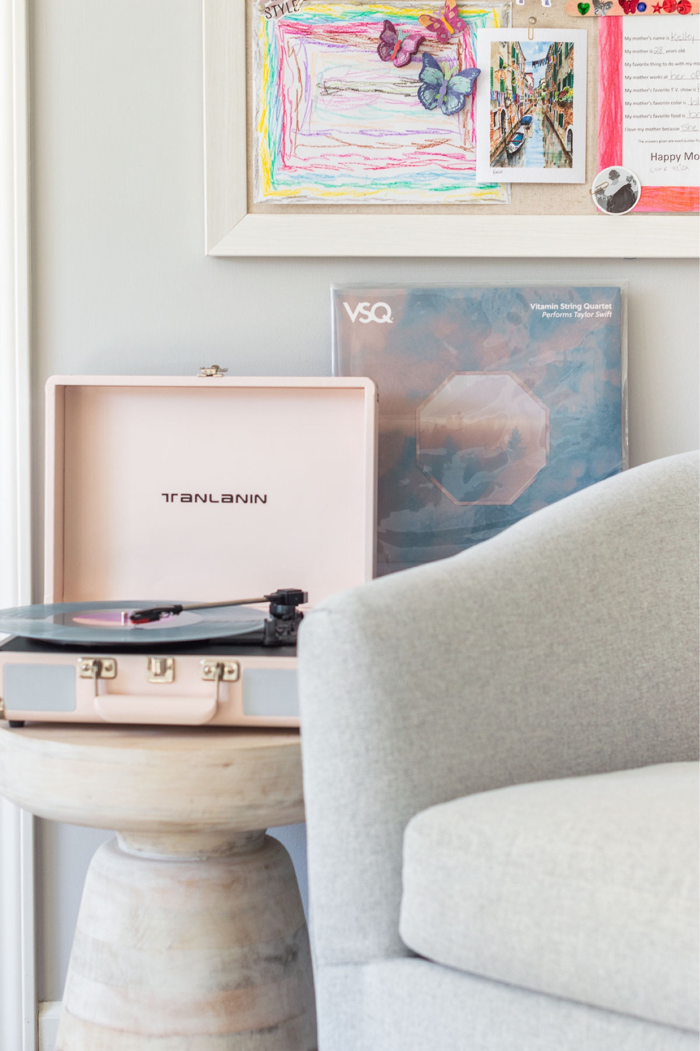 This seating corner in my home office includes a swivel armchair,  small pedestal table and suitcase record player. I have a large pin board and acrylic shelf to hold a vinyl album on the wall. home decor office decor sitting room decor record album accent table Wayfair find 

#LTKStyleTip 

#LTKHome