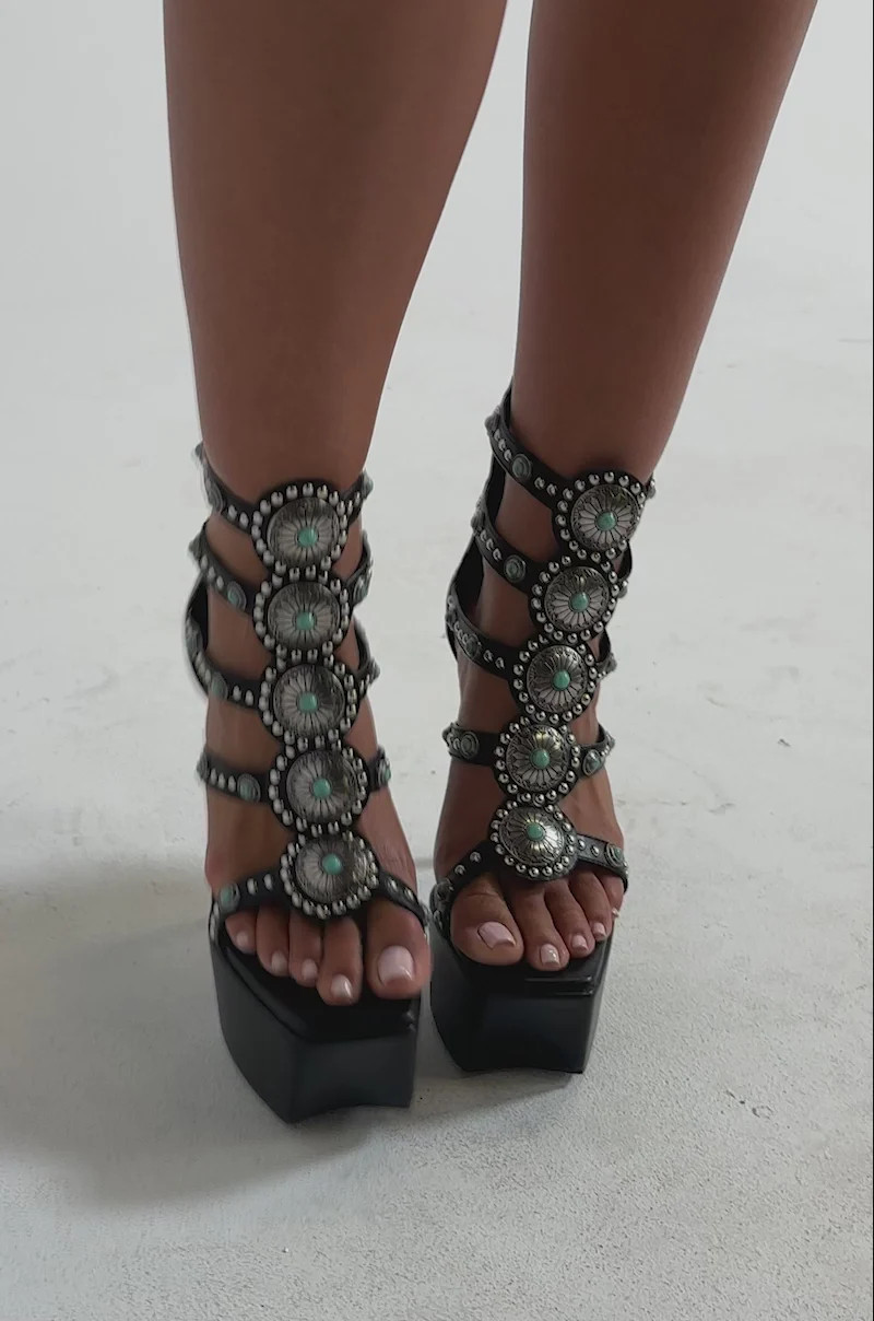 AKIRA GOLD FUANMARA BLACK EMBELLISHED SEXY STILETTO PU SANDAL | AKIRA