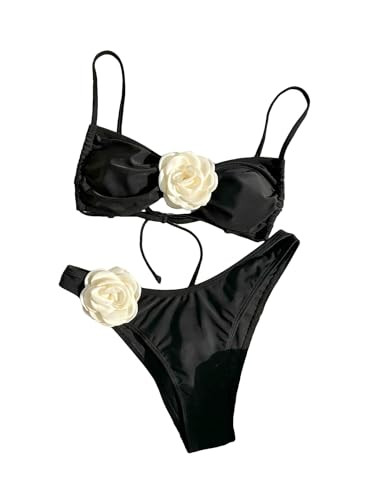 Women's 2 Piece Bikini Set High Waisted Bathing Suit Tie Back 3D Rose High Cut Thong Bikini Swims... | Amazon (US)
