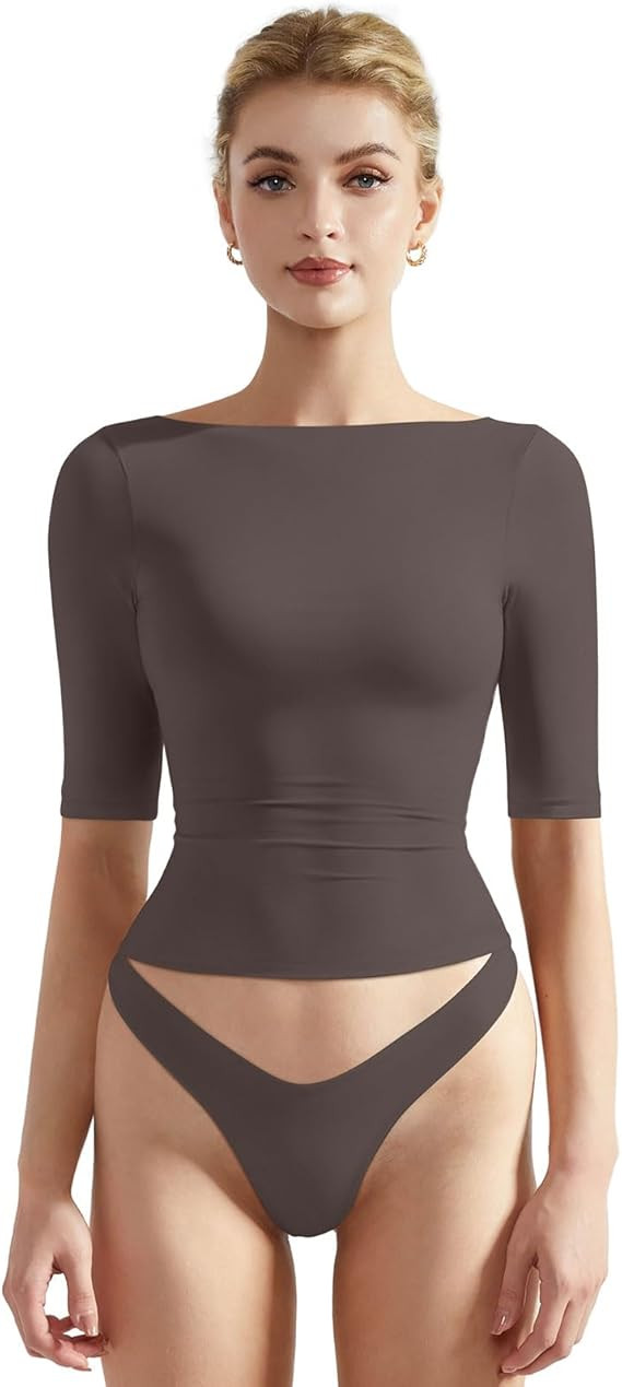 SUUKSESS Women Half Sleeve Boat Neck Tops Double Lined Tight Fitted Shirts | Amazon (US)