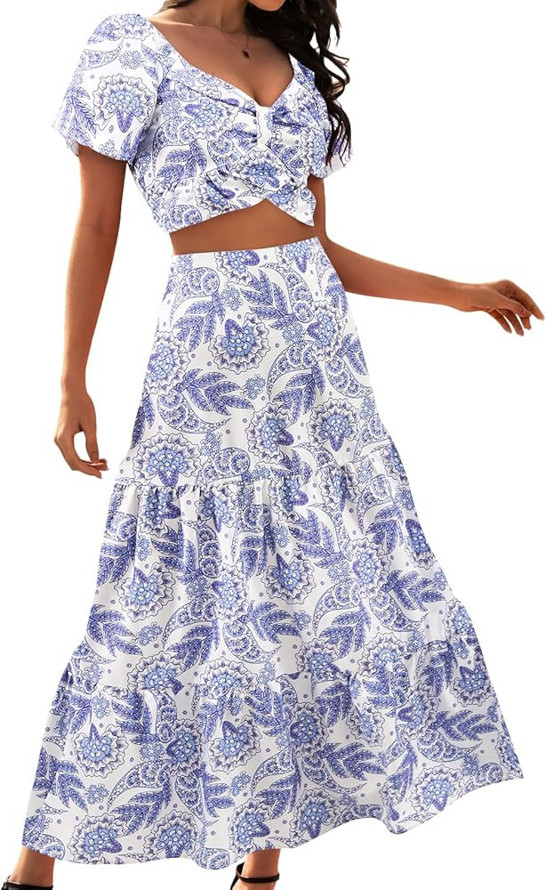 DRESSTELLS Women's 2 Piece Skirt Set, Floral Skirt Set Outfits Suit, Top & Long Skirts, Casual Bo... | Amazon (US)