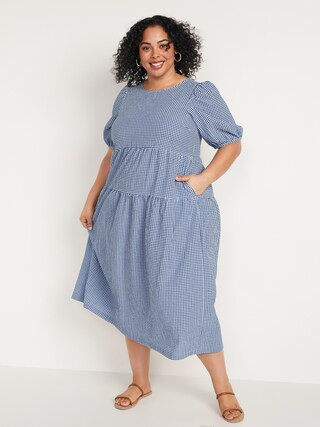Tiered Puff-Sleeve All-Day Midi Swing Dress for Women | Old Navy (US)