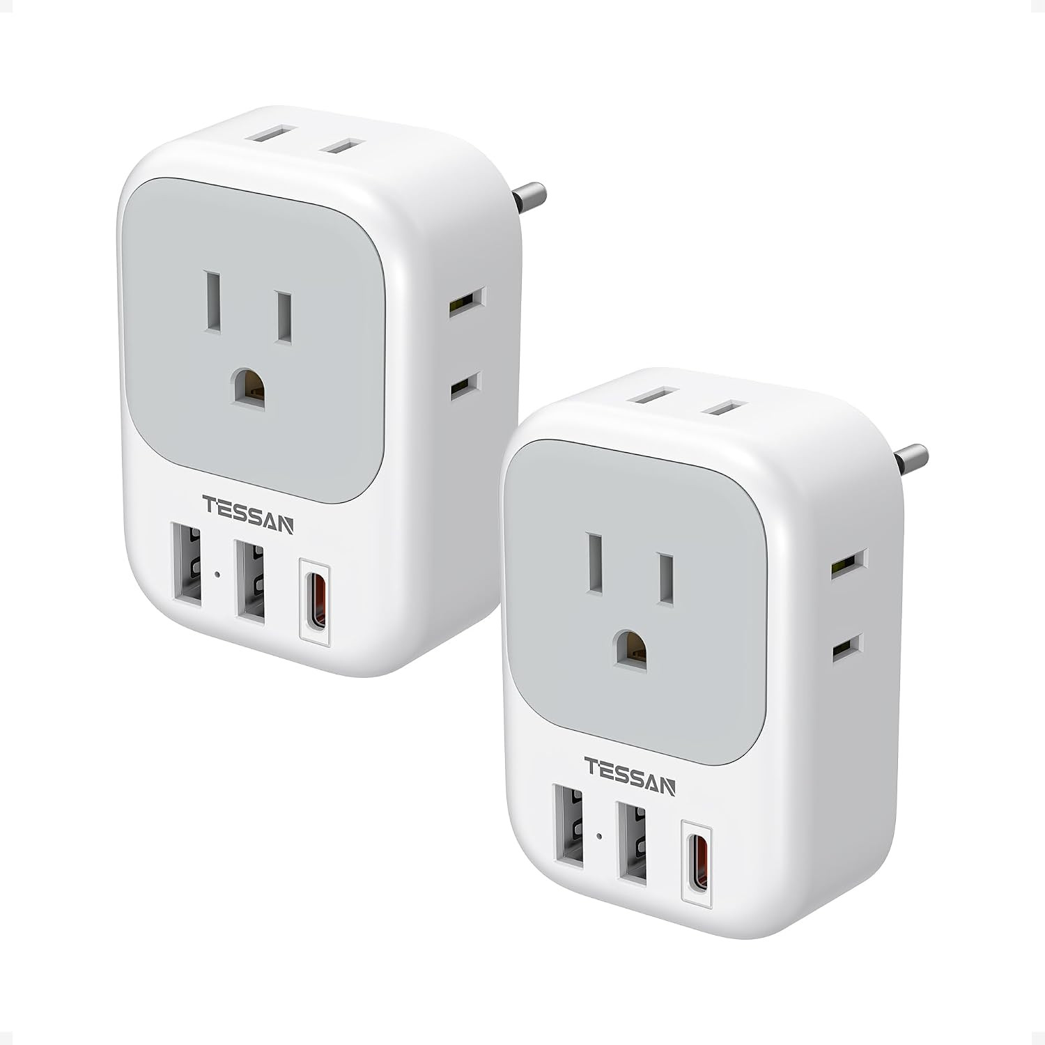 2 Pack European Travel Plug Adapter USB C, TESSAN US to Europe Plug Adapter with 4 Outlets 3 USB Charger (1 USB C Port), Type C Power Adaptor to Italy Spain France Portugal Iceland Germany, white gray | Amazon (US)