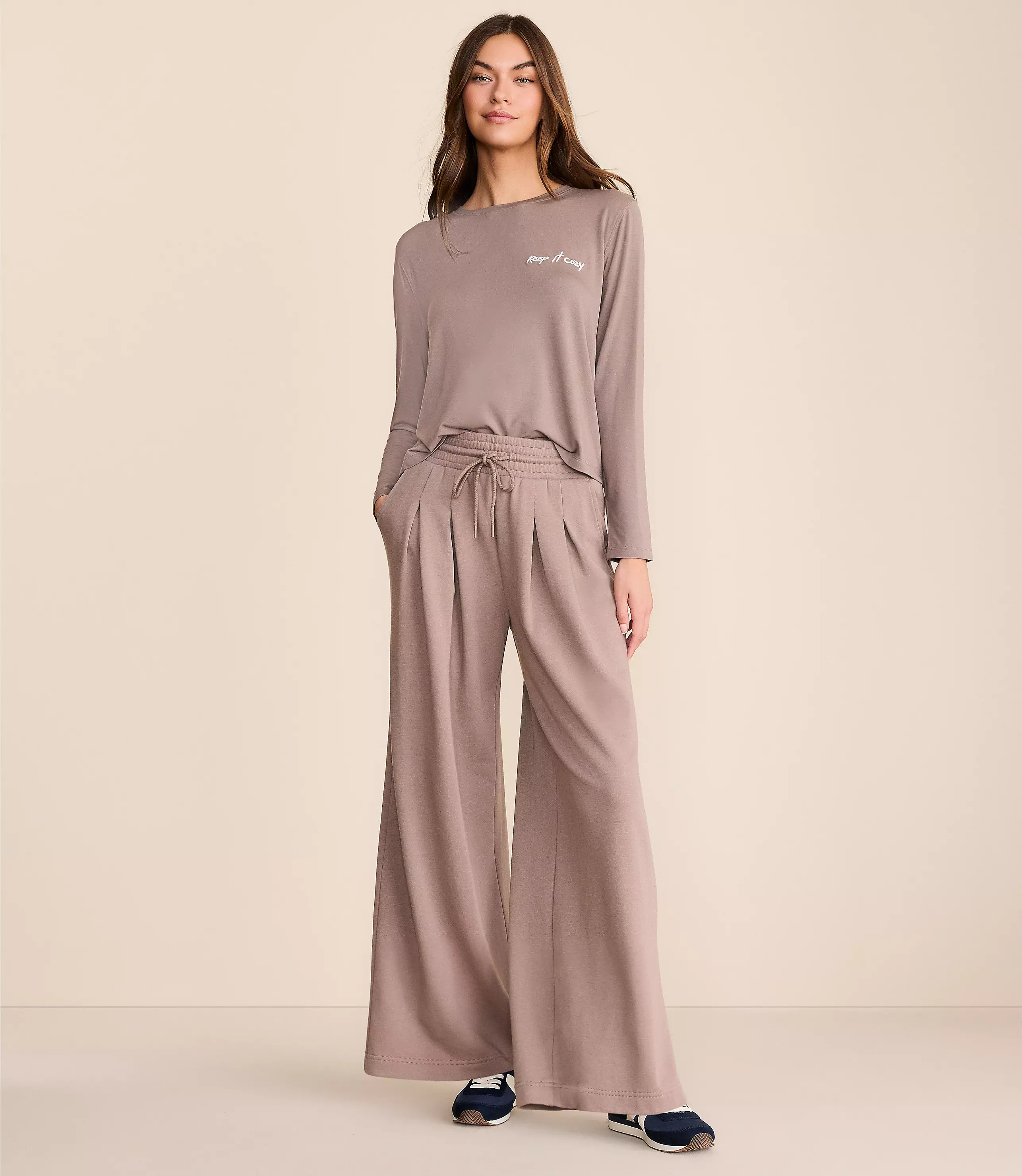 Lou & Grey Cozy Cotton Pleated Wide Leg Pants | LOFT