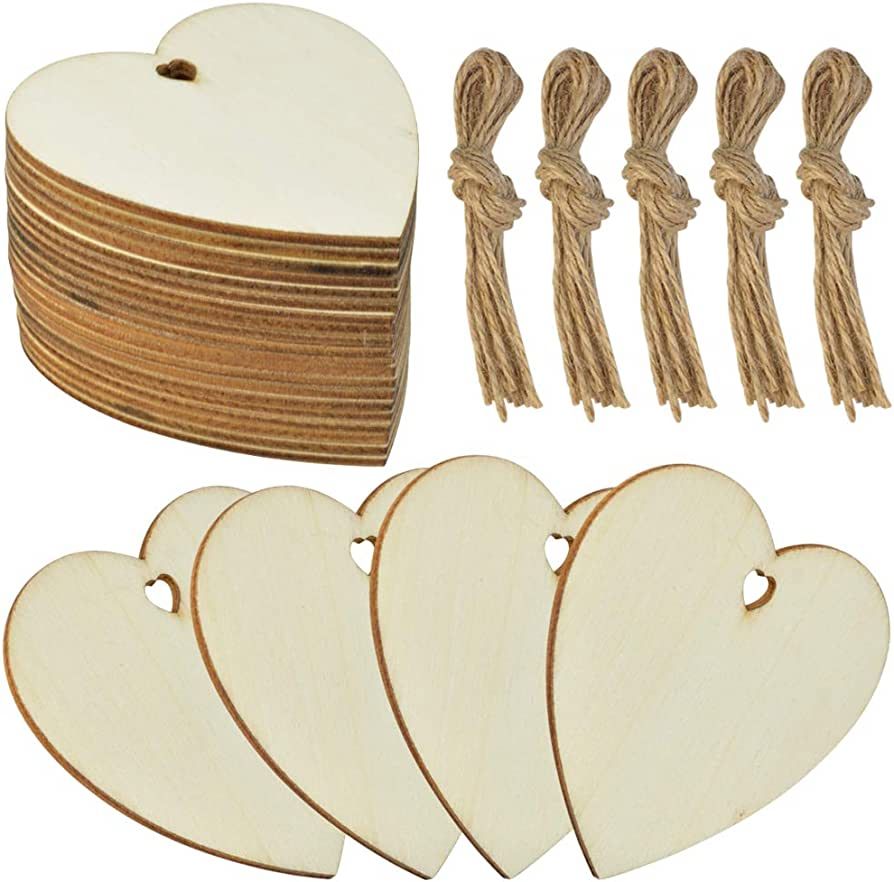 obmwang 50 Pieces 3" Natural Heart Wood Slices, DIY Wooden Ornaments Unfinished Predrilled Wooden... | Amazon (US)