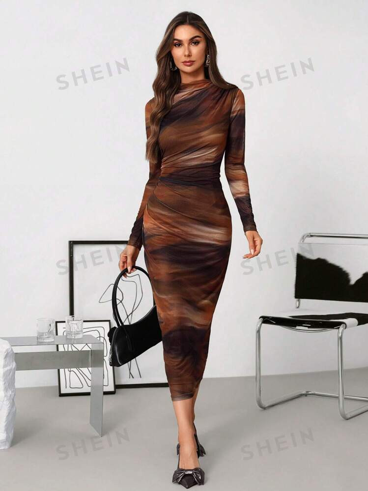SHEIN Clasi Women's Pleated Tie-Dye Print Mesh Knit Stand Collar Long Sleeve Fitted Dress | SHEIN