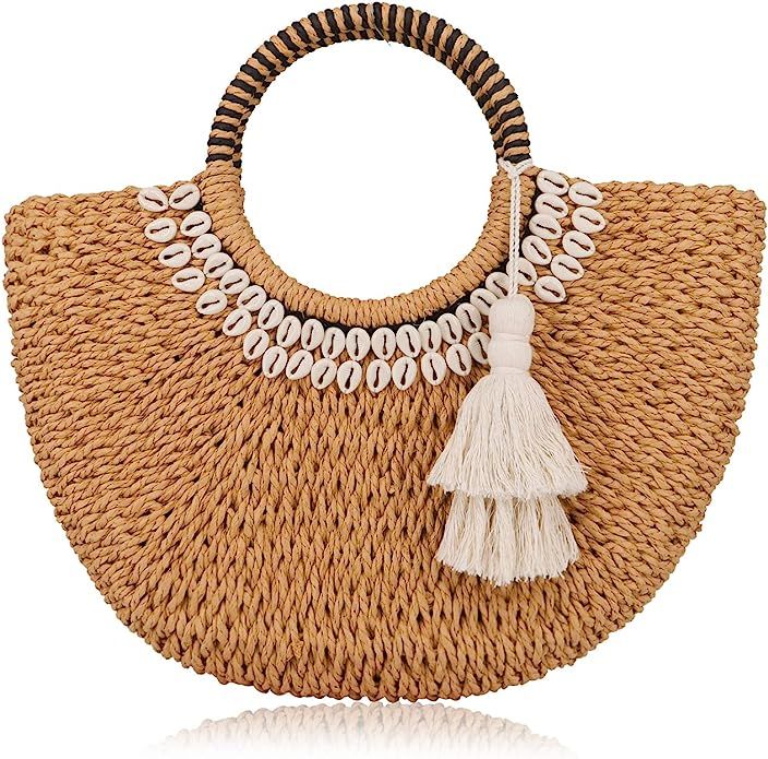 QTKJ Simple Retro Semi-circle Rattan Straw Handbags with Cute Tassels Pendant, Fashion Hand-woven... | Amazon (US)