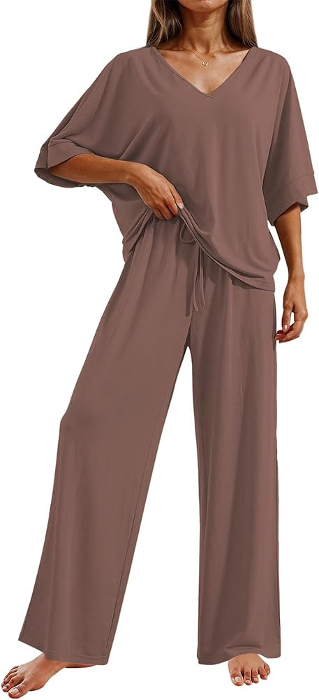 Ekouaer Pajama Sets Womens 2 Piece Short Sleeve Long Pants Pjs Lounge Set | Amazon (US)