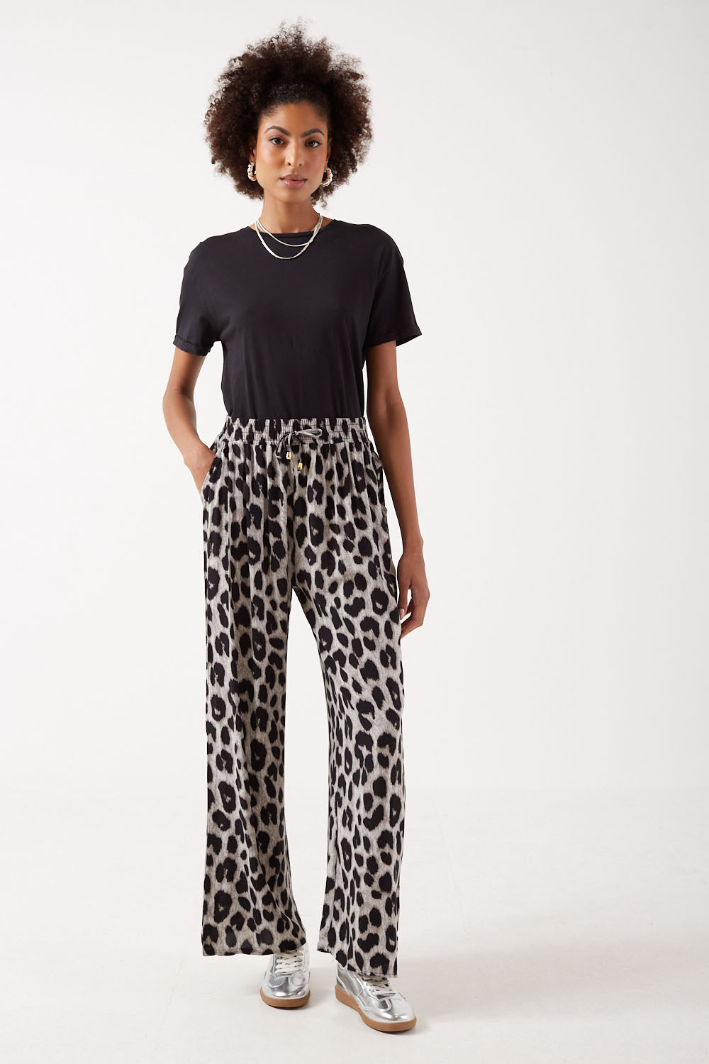 Alba Leopard Print Wide Leg Trousers in Grey | iCLOTHING