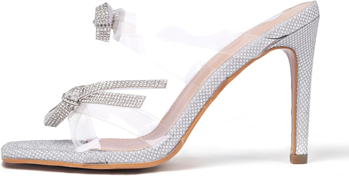 elerhythm Women's Stiletto High Heels Rhinestones Square Open Toe Pumps Sparkly Sexy Fashion Silv... | Amazon (US)