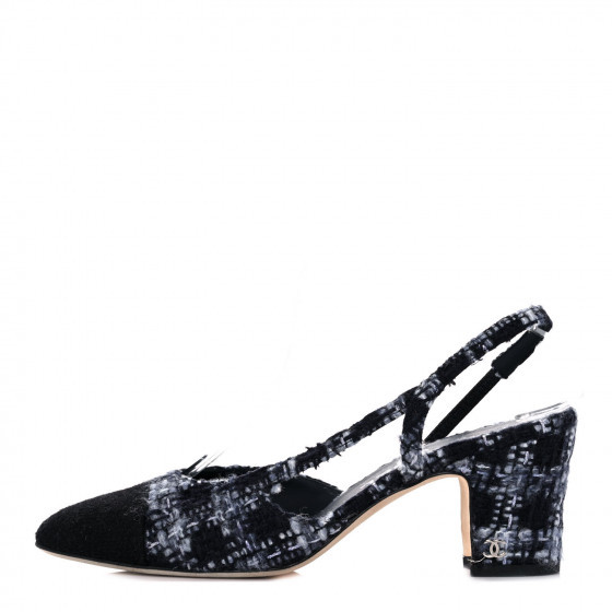 CHANEL Tweed Cap Toe CC Slingback Pumps 38 Grey Black | Fashionphile