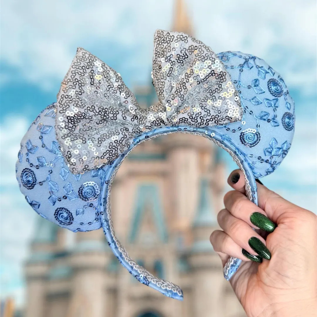 Cinderella Princess Minnie Ears, Light Blue Floral Lace Sequin Mickey Ear Headband - Etsy | Etsy (US)