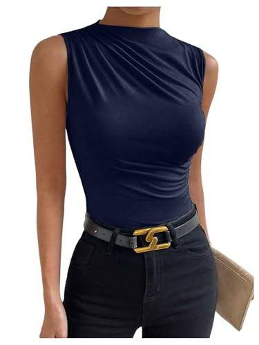 Milumia Women's Metallic Textured Ruched Mock Neck Tank Top Sleeveless Slim Fit Work Shirt Tops Dark Blue Large | Amazon (US)