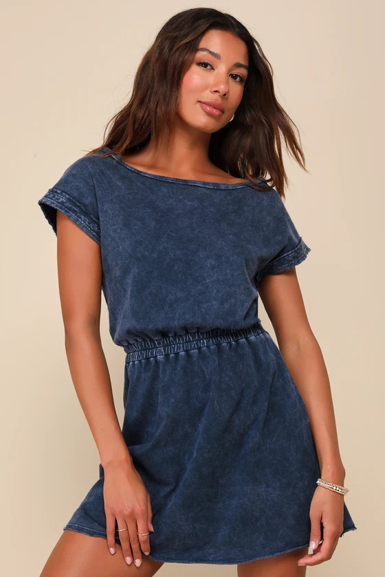 Definite Beauty Washed Dark Blue Short Sleeve Mini Dress | Lulus