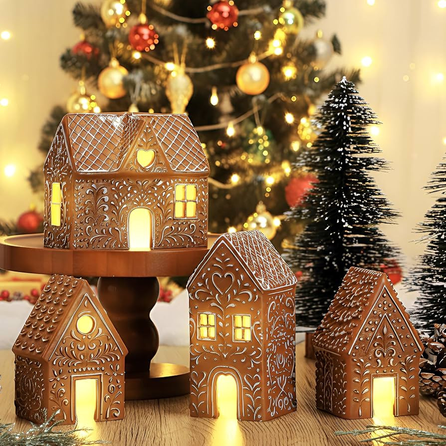 Thyle 4 Pcs Christmas Lighted Gingerbread House Decoration Resin House Village Figurine with Led ... | Amazon (US)