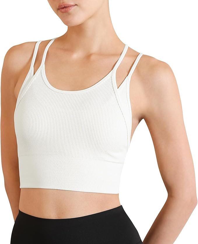 Womens Longline Sports Bra Strappy Padded Workout Top Double Layered Crop Tank Tops | Amazon (US)