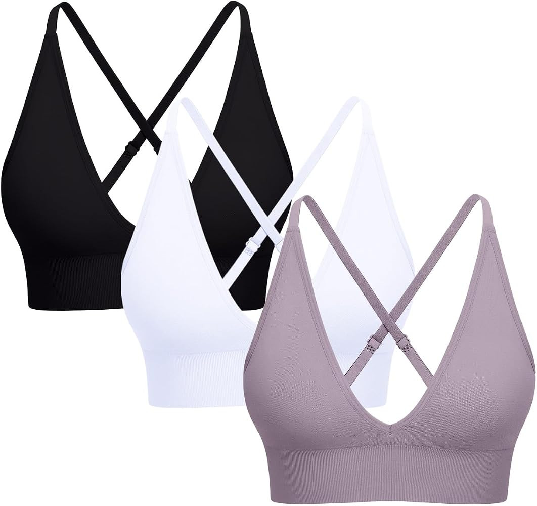 V Neck Adjustable Spaghetti Straps Sports Bra for Women, Padded Criss Cross Back Longline Yoga Bra Workout Crop Top Multipack | Amazon (US)
