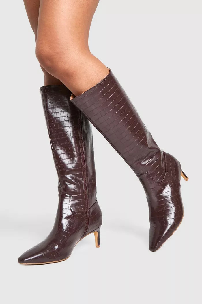 Wide Fit Croc Knee High Low Heeled Boots | boohoo (US & Canada)
