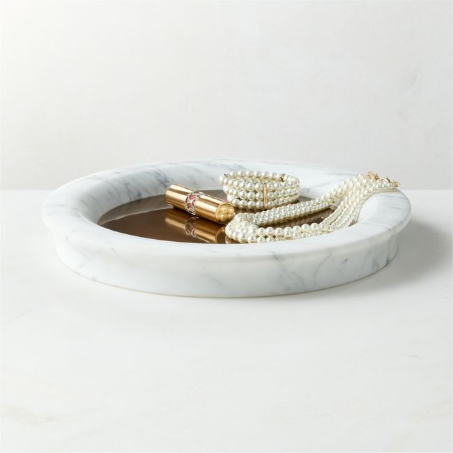 Cove Round White Marble and Bronze Tray | CB2