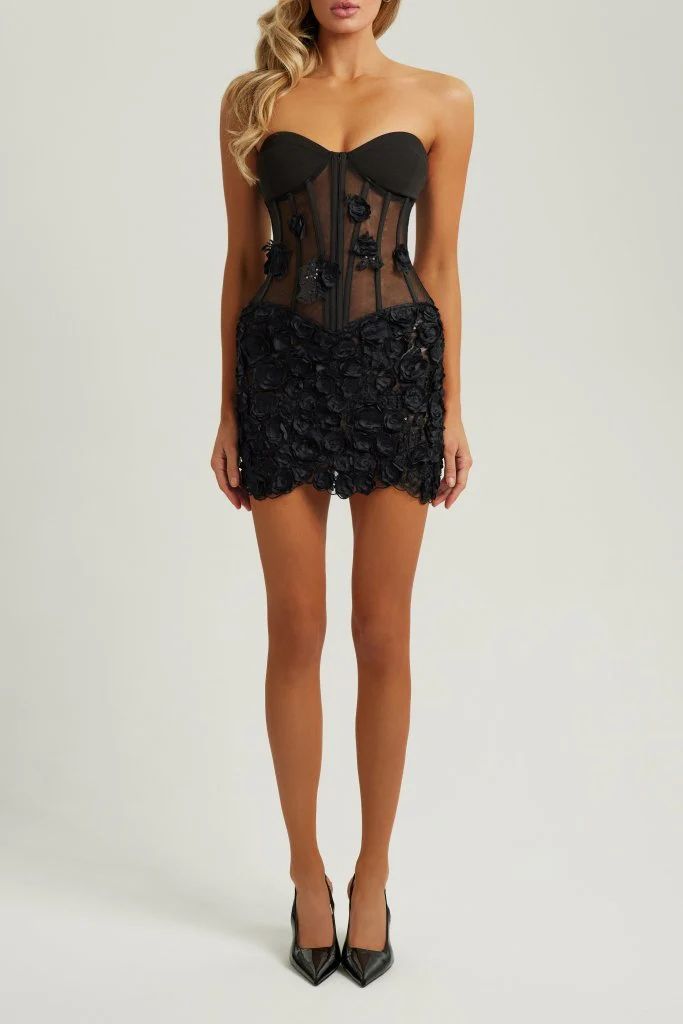 Black strapless corset mesh flower embellished mini dress | Heiress Beverly Hills