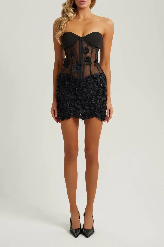 Black strapless corset mesh flower embellished mini dress | Heiress Beverly Hills